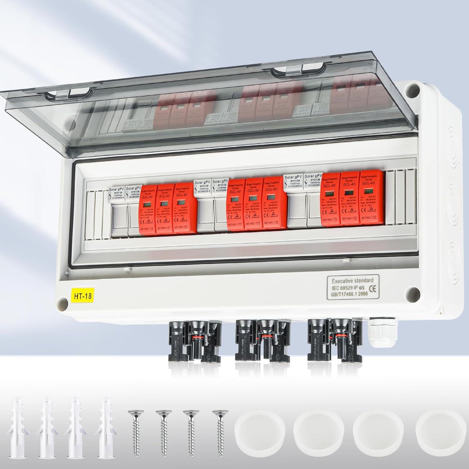 Überspannungsschutz PV DC1000V Blitzschutz PV Anlage 20-40KA, Solar Überspannungsschutz 3 String mit 16A-Sicherung, IP65 Wasserdicht & UV-Beständig Solar Anschlusskasten 3 in 3 out