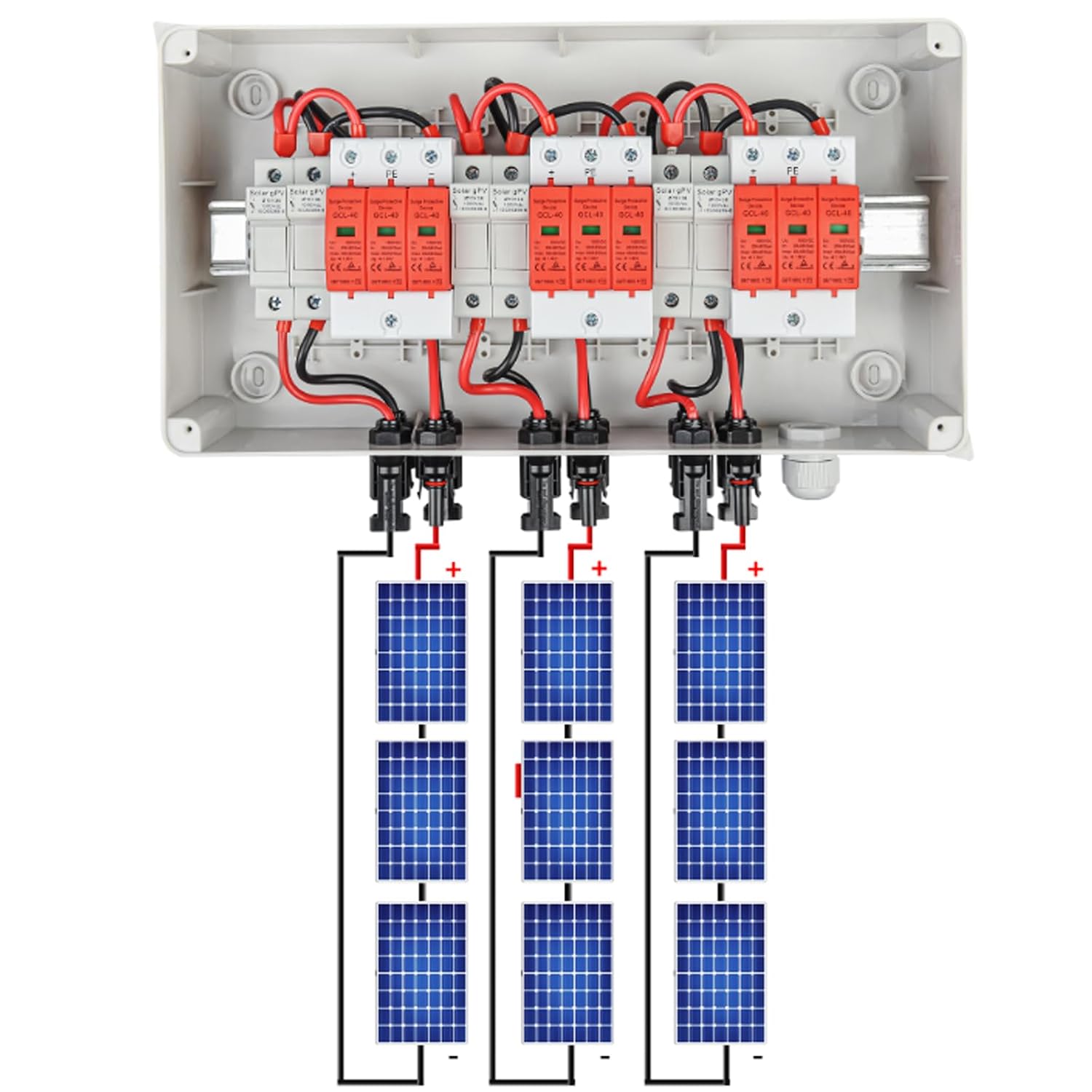 Überspannungsschutz PV DC1000V Blitzschutz PV Anlage 20-40KA, Solar Überspannungsschutz 3 String mit 16A-Sicherung, IP65 Wasserdicht & UV-Beständig Solar Anschlusskasten 3 in 3 out