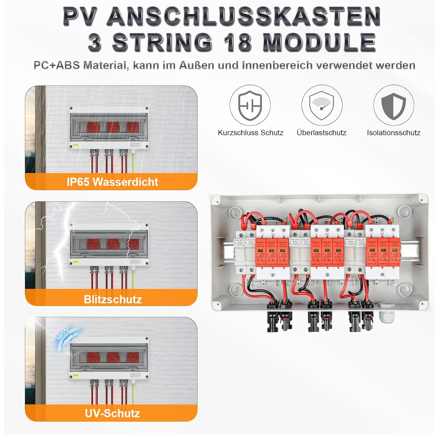 Überspannungsschutz PV DC1000V Blitzschutz PV Anlage 20-40KA, Solar Überspannungsschutz 3 String mit 16A-Sicherung, IP65 Wasserdicht & UV-Beständig Solar Anschlusskasten 3 in 3 out