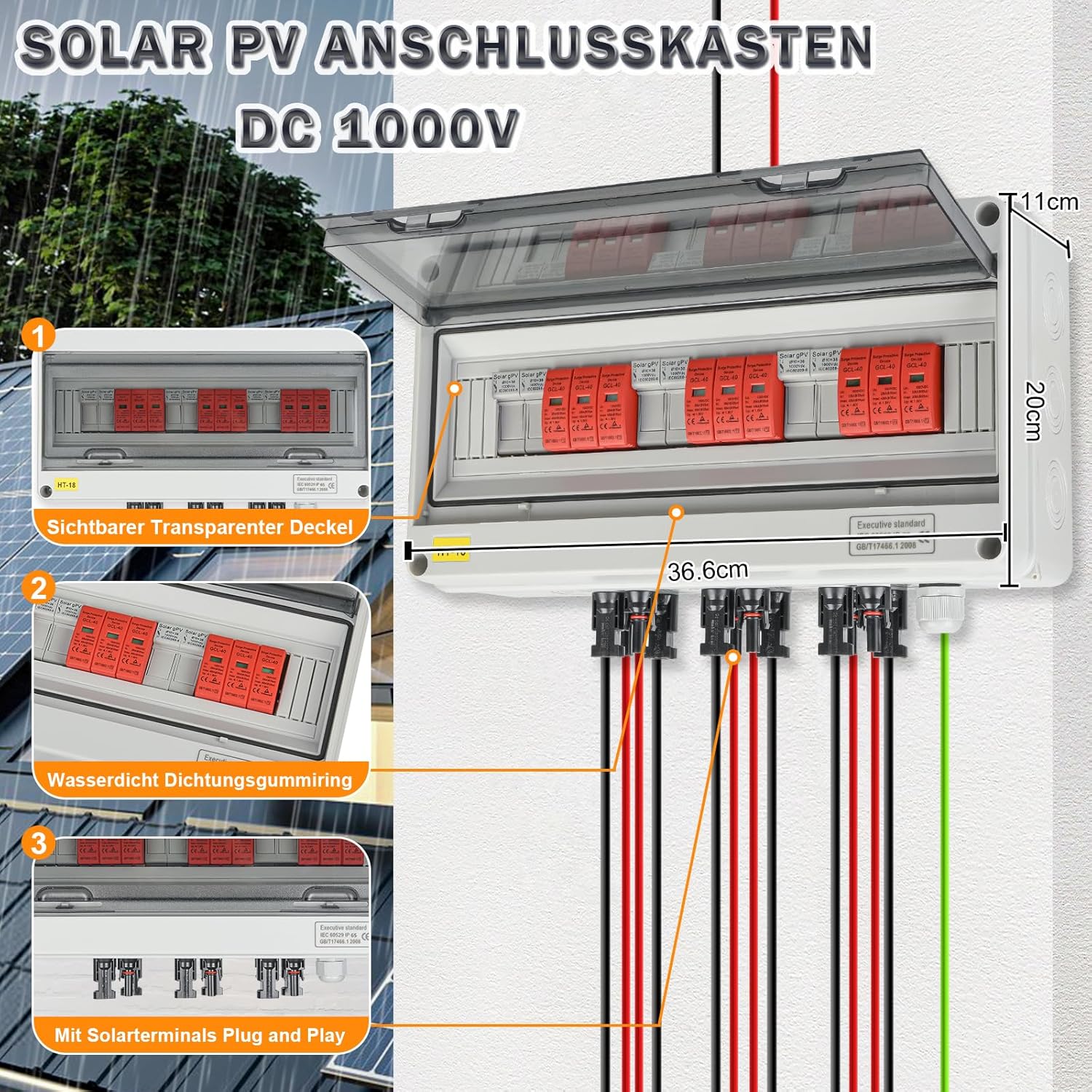 Überspannungsschutz PV DC1000V Blitzschutz PV Anlage 20-40KA, Solar Überspannungsschutz 3 String mit 16A-Sicherung, IP65 Wasserdicht & UV-Beständig Solar Anschlusskasten 3 in 3 out