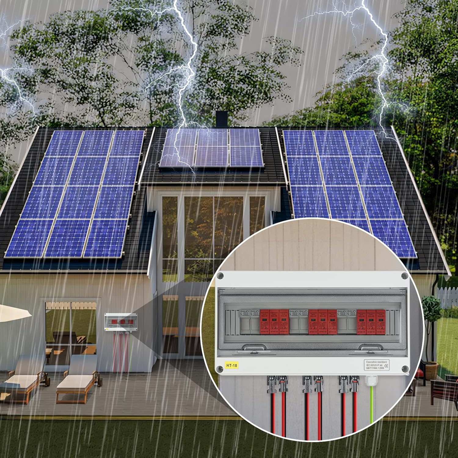 Überspannungsschutz PV DC1000V Blitzschutz PV Anlage 20-40KA, Solar Überspannungsschutz 3 String mit 16A-Sicherung, IP65 Wasserdicht & UV-Beständig Solar Anschlusskasten 3 in 3 out