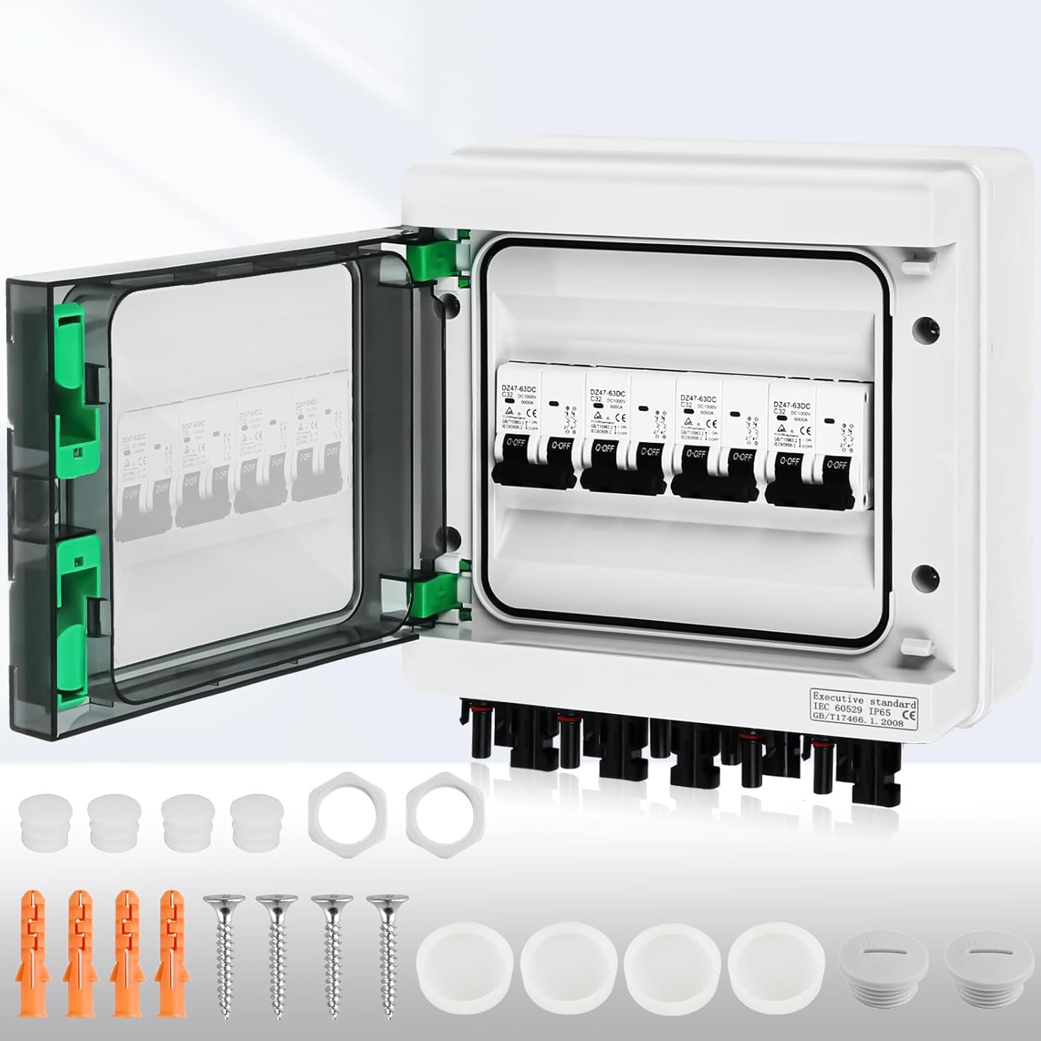 Überspannungsschutz PV DC12-1000V Leitungsschutzschalter 32A DC Trennschalter PV Anlage 4 String, IP65 Wasserdicht & UV-Beständig Solar Anschlusskasten 4 in 4 out