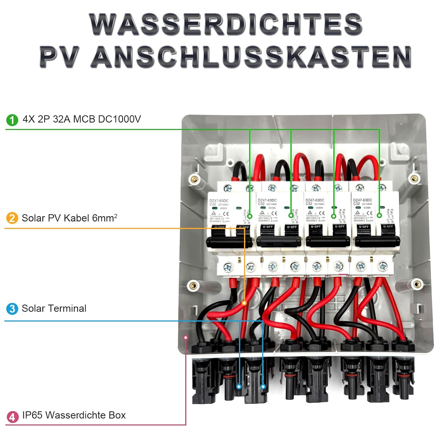 Überspannungsschutz PV DC12-1000V Leitungsschutzschalter 32A DC Trennschalter PV Anlage 4 String, IP65 Wasserdicht & UV-Beständig Solar Anschlusskasten 4 in 4 out