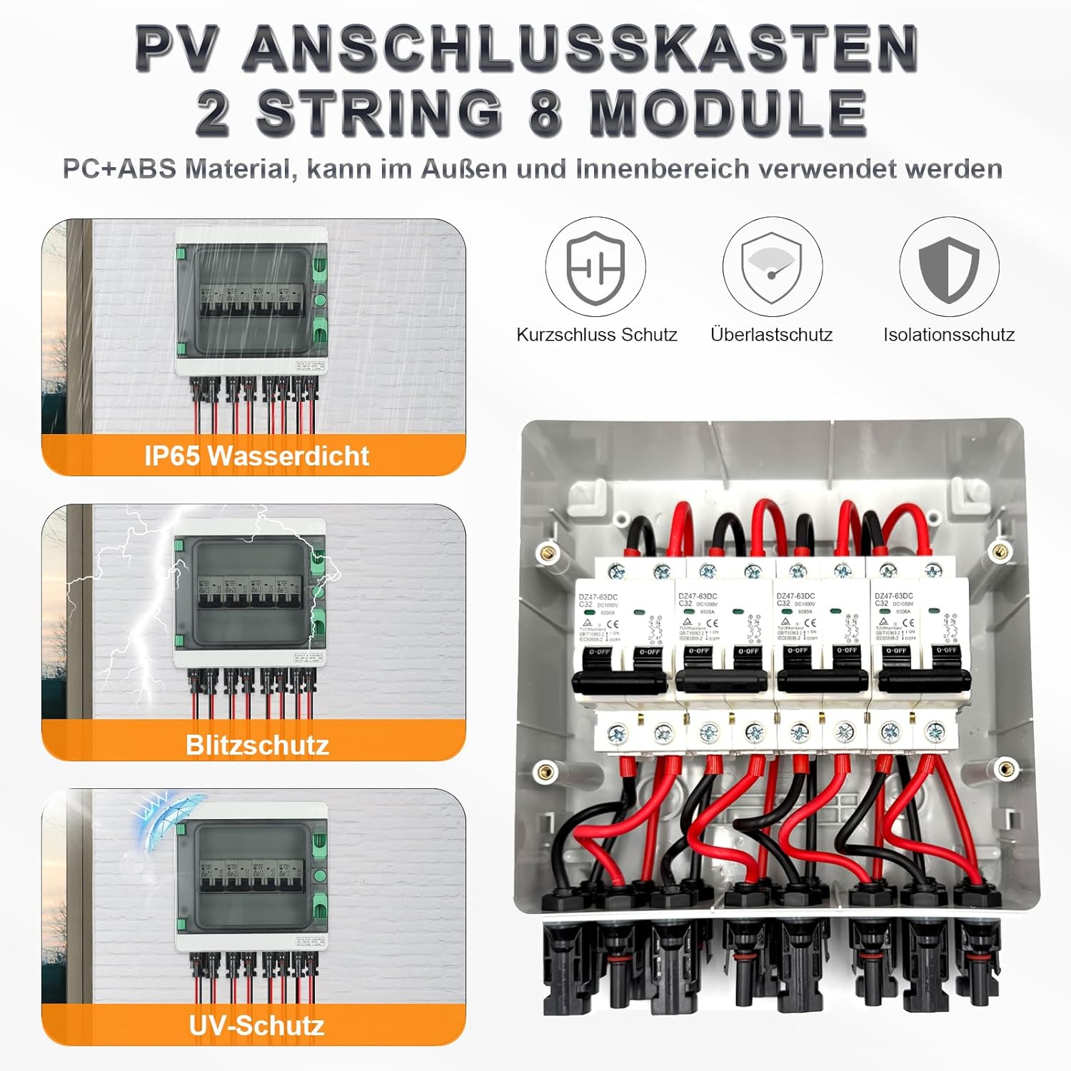 Überspannungsschutz PV DC12-1000V Leitungsschutzschalter 32A DC Trennschalter PV Anlage 4 String, IP65 Wasserdicht & UV-Beständig Solar Anschlusskasten 4 in 4 out
