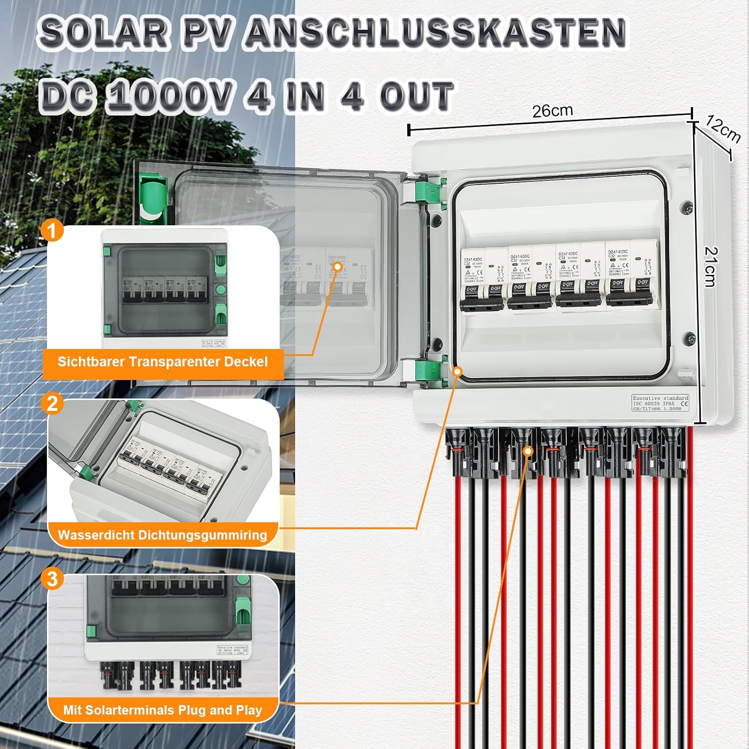 Überspannungsschutz PV DC12-1000V Leitungsschutzschalter 32A DC Trennschalter PV Anlage 4 String, IP65 Wasserdicht & UV-Beständig Solar Anschlusskasten 4 in 4 out
