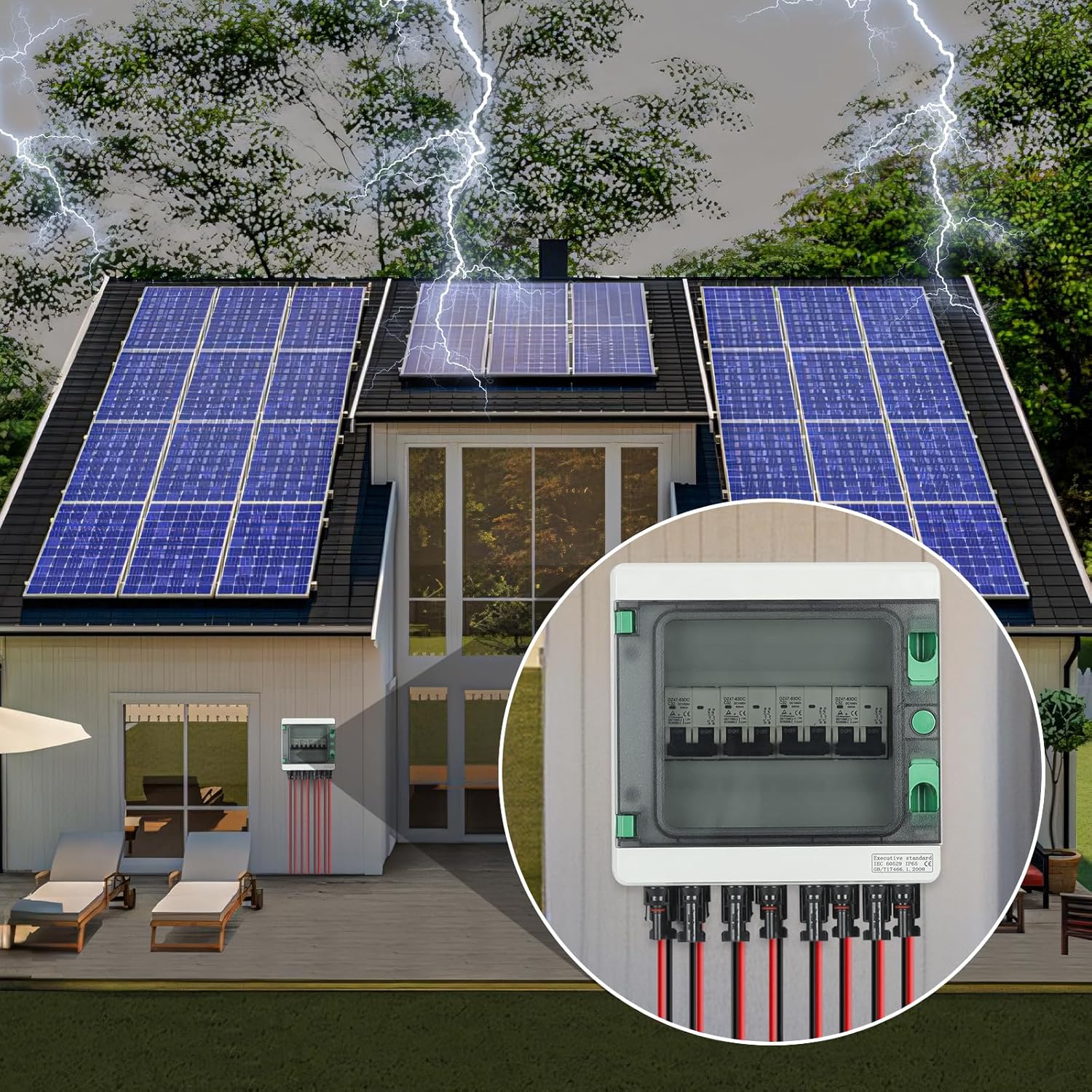 Überspannungsschutz PV DC12-1000V Leitungsschutzschalter 32A DC Trennschalter PV Anlage 4 String, IP65 Wasserdicht & UV-Beständig Solar Anschlusskasten 4 in 4 out