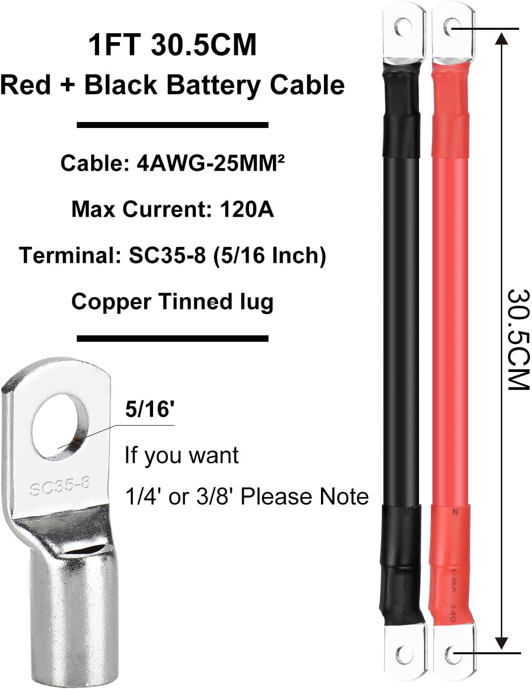 50cm Batteriekabel 25mm² M8 4AWG Silikonkabel Flexibel Hitzebeständiges