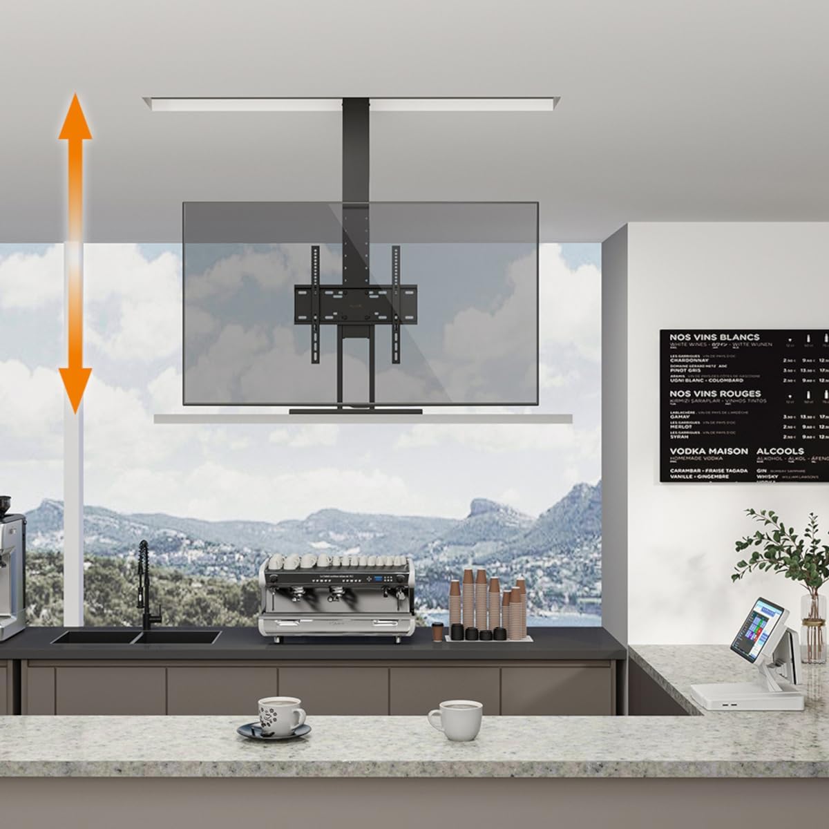 my wall Motorisierter TV-Lift HP64L zum Einbau in die Decke, TV Deckenhalterung, Verstellbarer Höhenbereich, 32-55 Zoll, belastbar bis 45kg, mit Fernbedienung, TV Lift Elektrisch, Deckenhalterung