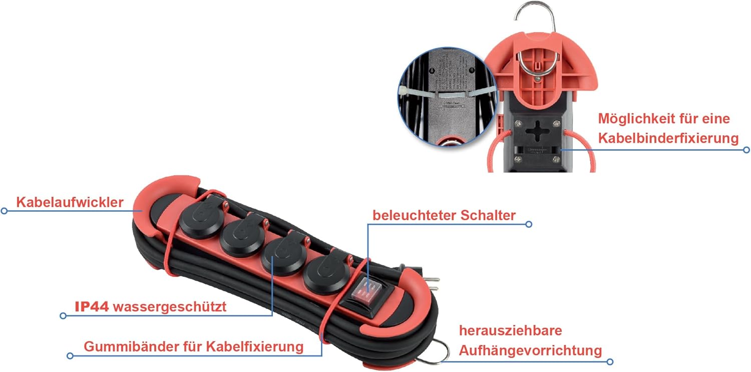 3m Steckdosenleiste für Outdoor Nutzung - NV61-3L, Ideal für Profis, Heimwerker oder beim Camping, IP44, Erhöhter Berührungsschutz, Beleuchteter Schalter, wasserdichte Steckdosenleiste
