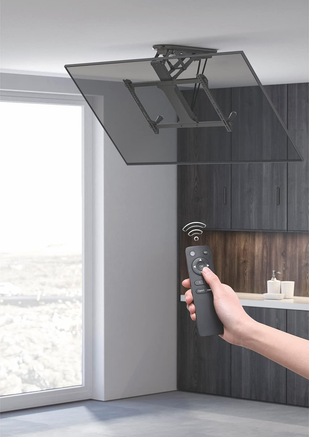 mywall HL44ML Motorisierter & klappbarer Smart Home Deckenhalterung für Fernseher für Bildschirmgrößen 32“ - 70“ (81-176 cm), Belastung bis 35 kg, mit Funk-Fernbedienung, mit Smart Home Funktion