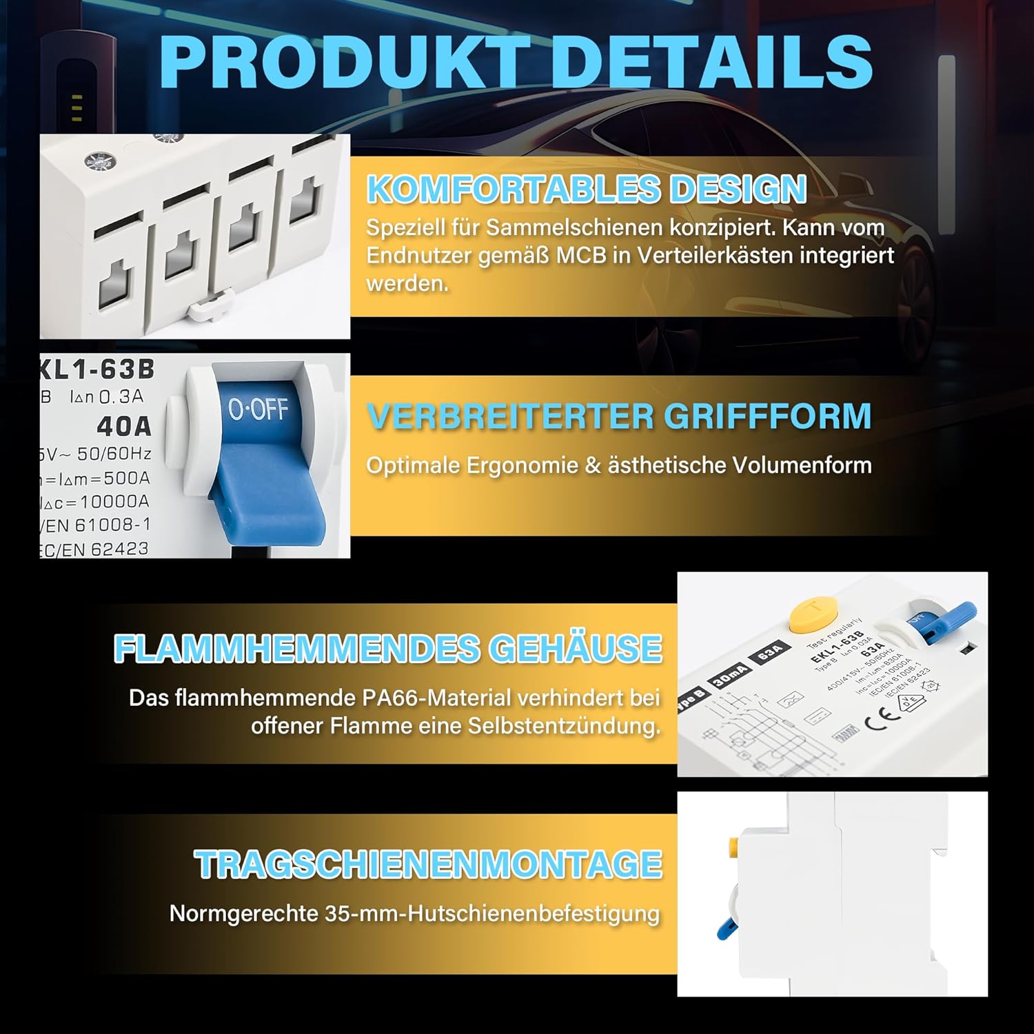 FI Schutzschalter Typ B 40A 30mA 4 Polig, VDE Zertifizierung Fehlerstromschutzschalter RCD Allstromsensitiver Schalter Automat Sicherun für Wallboxen Ladestationen, DIN Hutschiene Montage