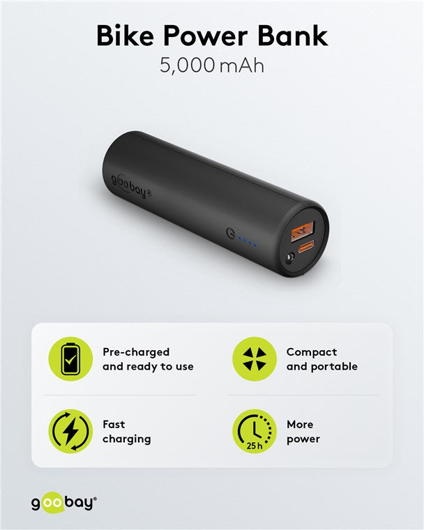 Bike Powerbank 5.0 5000 mAh inkl. verstärkter Halterung für Fahrradlenker / Powerbank für Ebike / Externer Akku/Ladegerät mit Quickcharge & Power Delivery / Charger für Samsung / Apple Klein