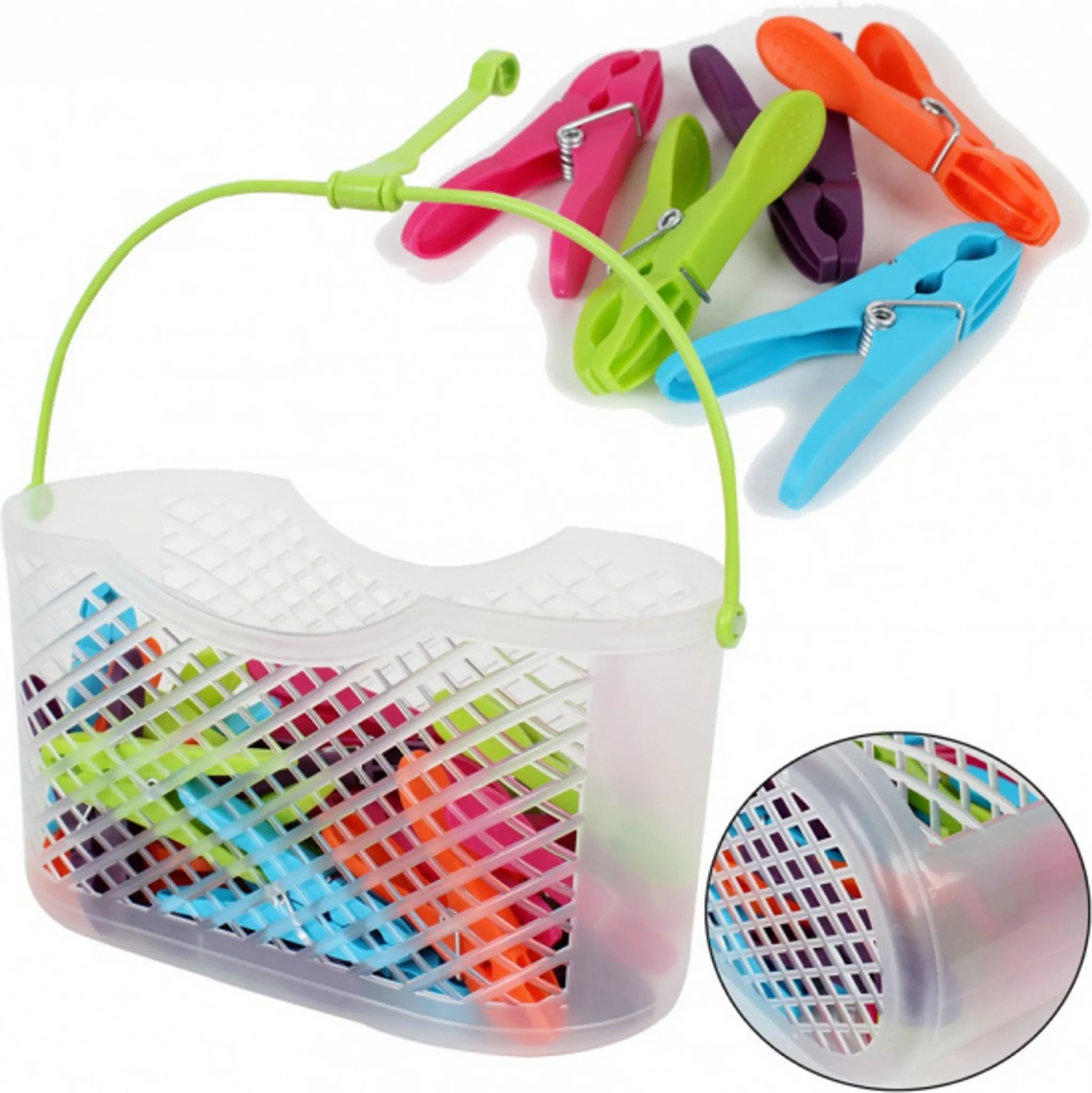 Wäscheklammern im Korb / Transparenter Korb / 30 bunte Klammern