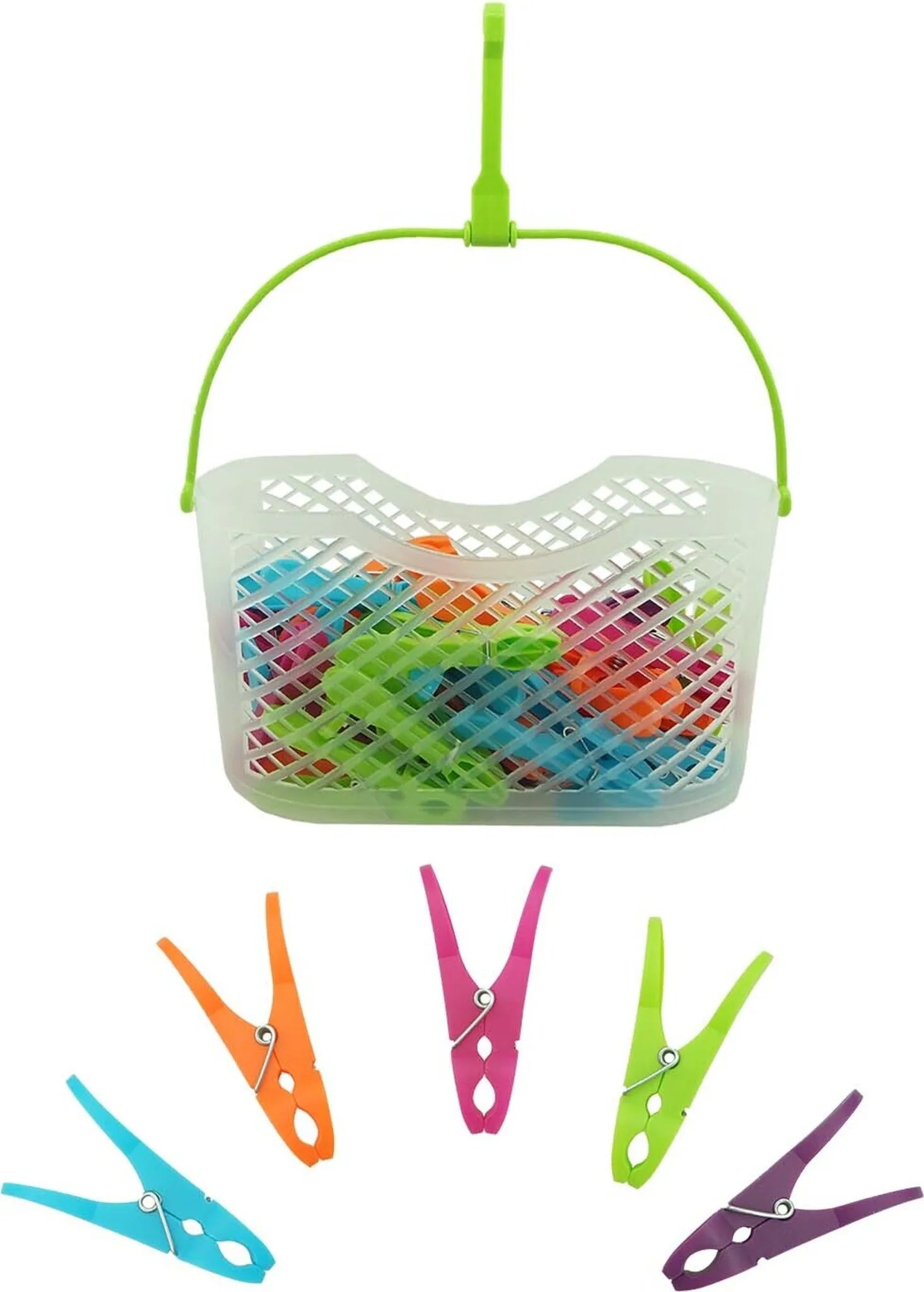 Wäscheklammern im Korb / Transparenter Korb / 30 bunte Klammern