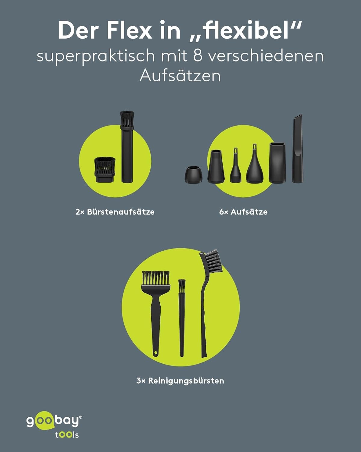Staubgebläse Advanced mit 3 Stufen, 6.000 mAh Akku, 110.000 rpm, bis 80 min Betriebsdauer, inkl. 8 Aufsätze zum Entfernen von Staub auf Tastaturen, im PC, im Sofa, Autointerieur