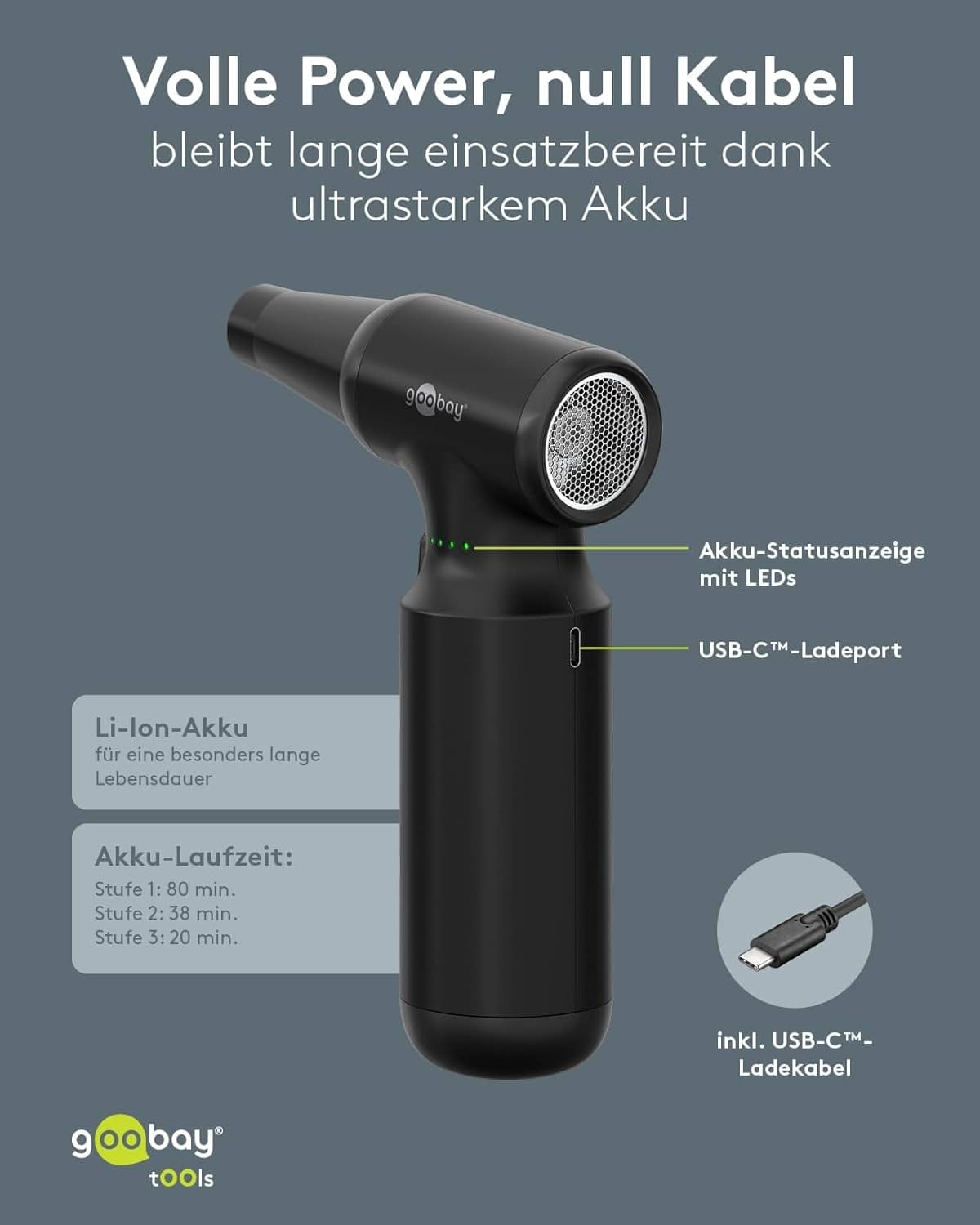 Staubgebläse Advanced mit 3 Stufen, 6.000 mAh Akku, 110.000 rpm, bis 80 min Betriebsdauer, inkl. 8 Aufsätze zum Entfernen von Staub auf Tastaturen, im PC, im Sofa, Autointerieur