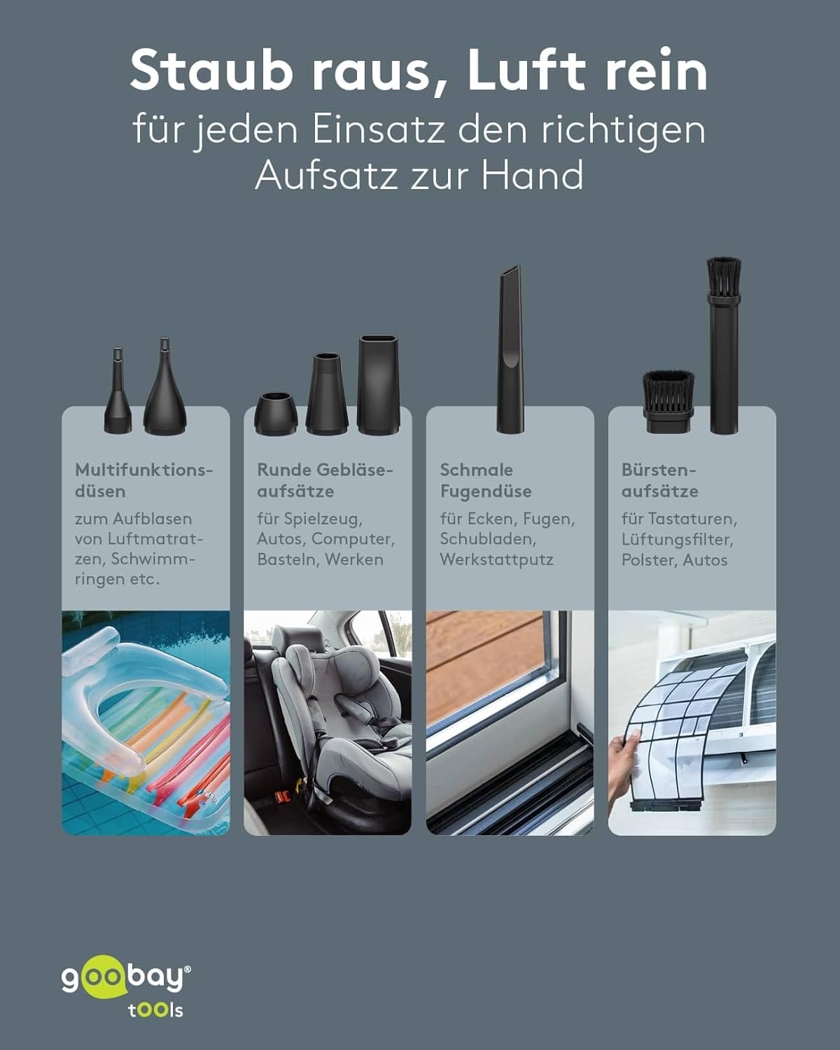Staubgebläse Advanced mit 3 Stufen, 6.000 mAh Akku, 110.000 rpm, bis 80 min Betriebsdauer, inkl. 8 Aufsätze zum Entfernen von Staub auf Tastaturen, im PC, im Sofa, Autointerieur