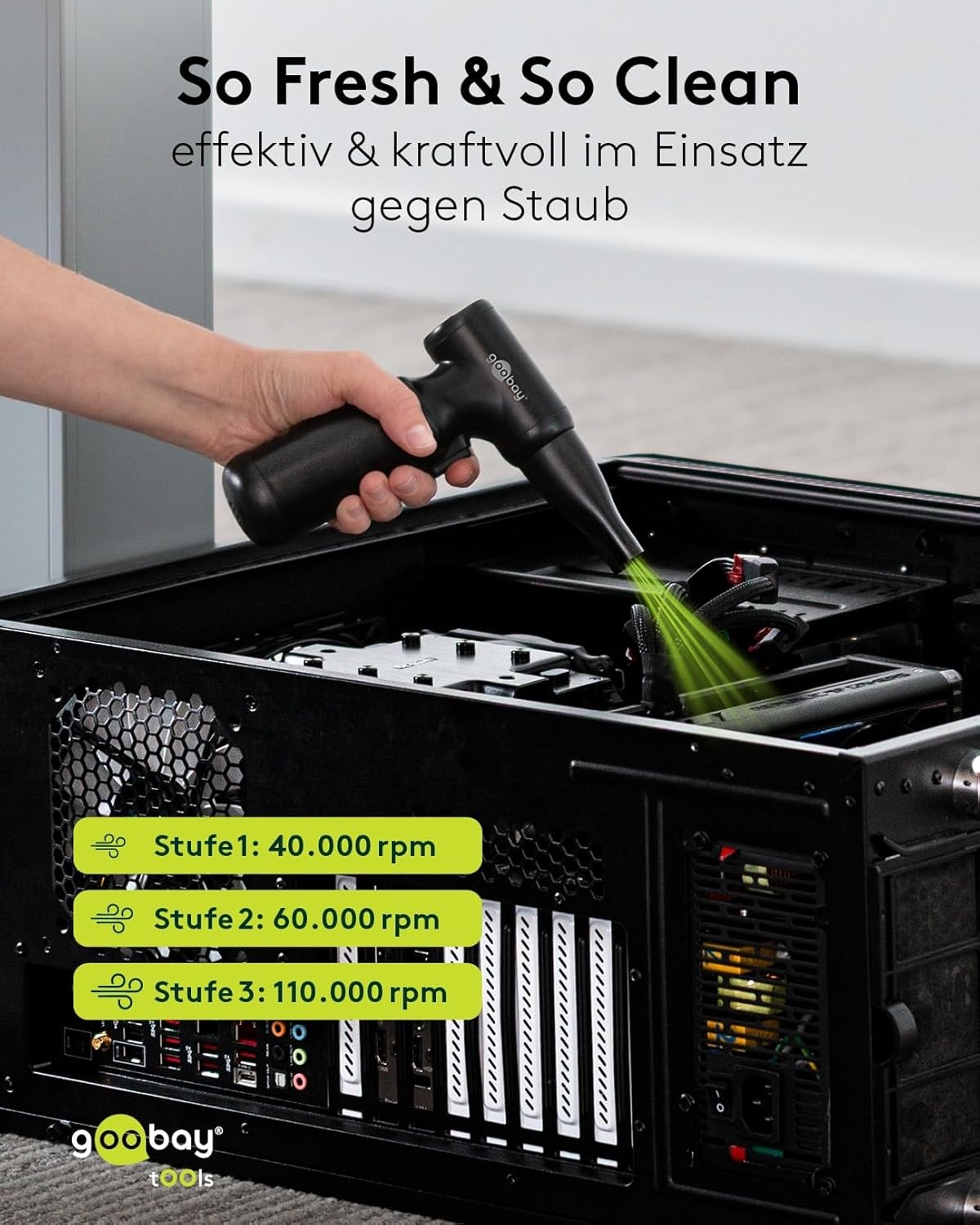 Staubgebläse Advanced mit 3 Stufen, 6.000 mAh Akku, 110.000 rpm, bis 80 min Betriebsdauer, inkl. 8 Aufsätze zum Entfernen von Staub auf Tastaturen, im PC, im Sofa, Autointerieur
