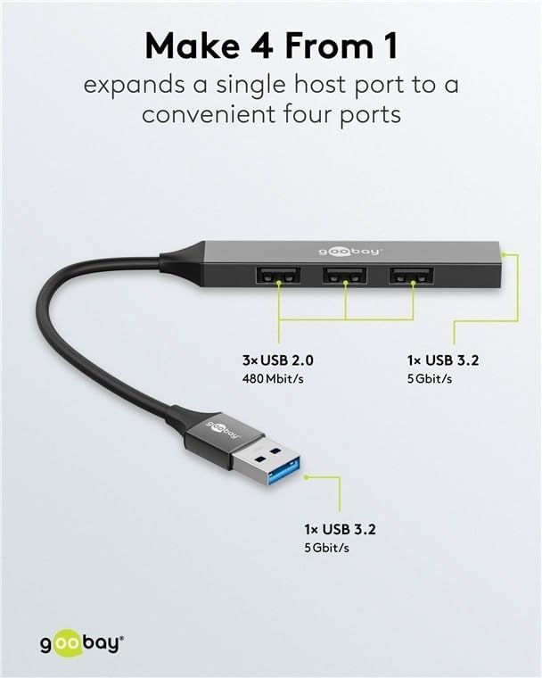 4-Port USB 3.2 Slim, Mehrfachstecker, Verteiler, 5 Gbits Splitter, Schlanker A zu 4-Fach A Multiport Adapter 3.0 Hub