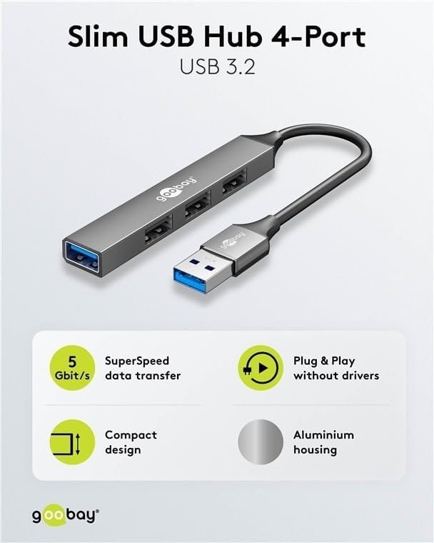4-Port USB 3.2 Slim, Mehrfachstecker, Verteiler, 5 Gbits Splitter, Schlanker A zu 4-Fach A Multiport Adapter 3.0 Hub