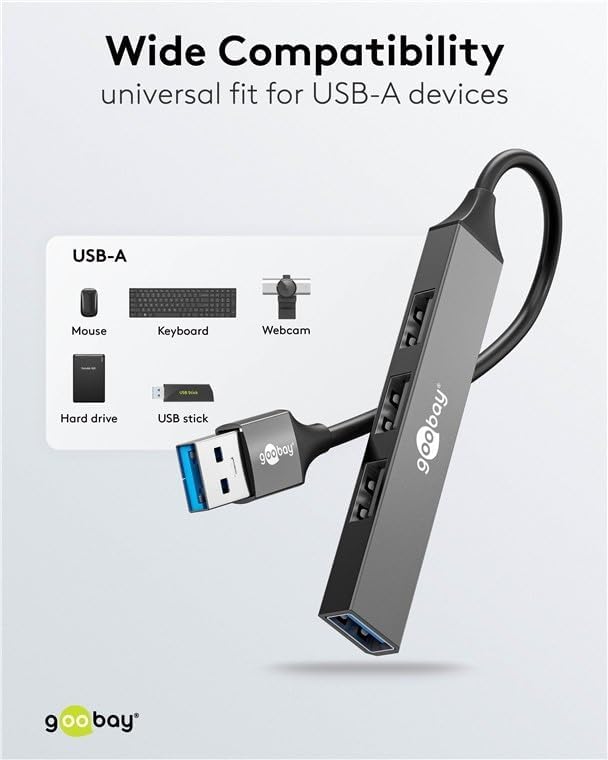 4-Port USB 3.2 Slim, Mehrfachstecker, Verteiler, 5 Gbits Splitter, Schlanker A zu 4-Fach A Multiport Adapter 3.0 Hub