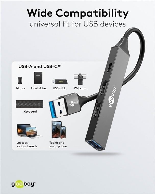 4-Port USB 3.2 Hub Slim, Multiple Plug, 5 Gbits, Splitter, A to 3xA and 1xC Multiport Adapter 3.0