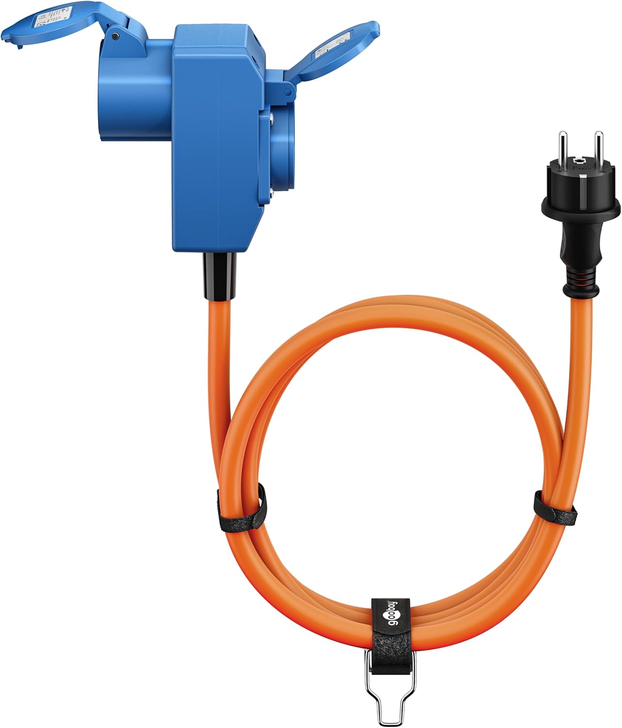 CEE-Adapterkabel für Wohnwagen, 1,5 m, Schutzkontakt 90°, CEE-Buchse und Schutzkontakt mit Verschlusskappen, Kabel für Camping, Wohnmobil und Wohnwagen