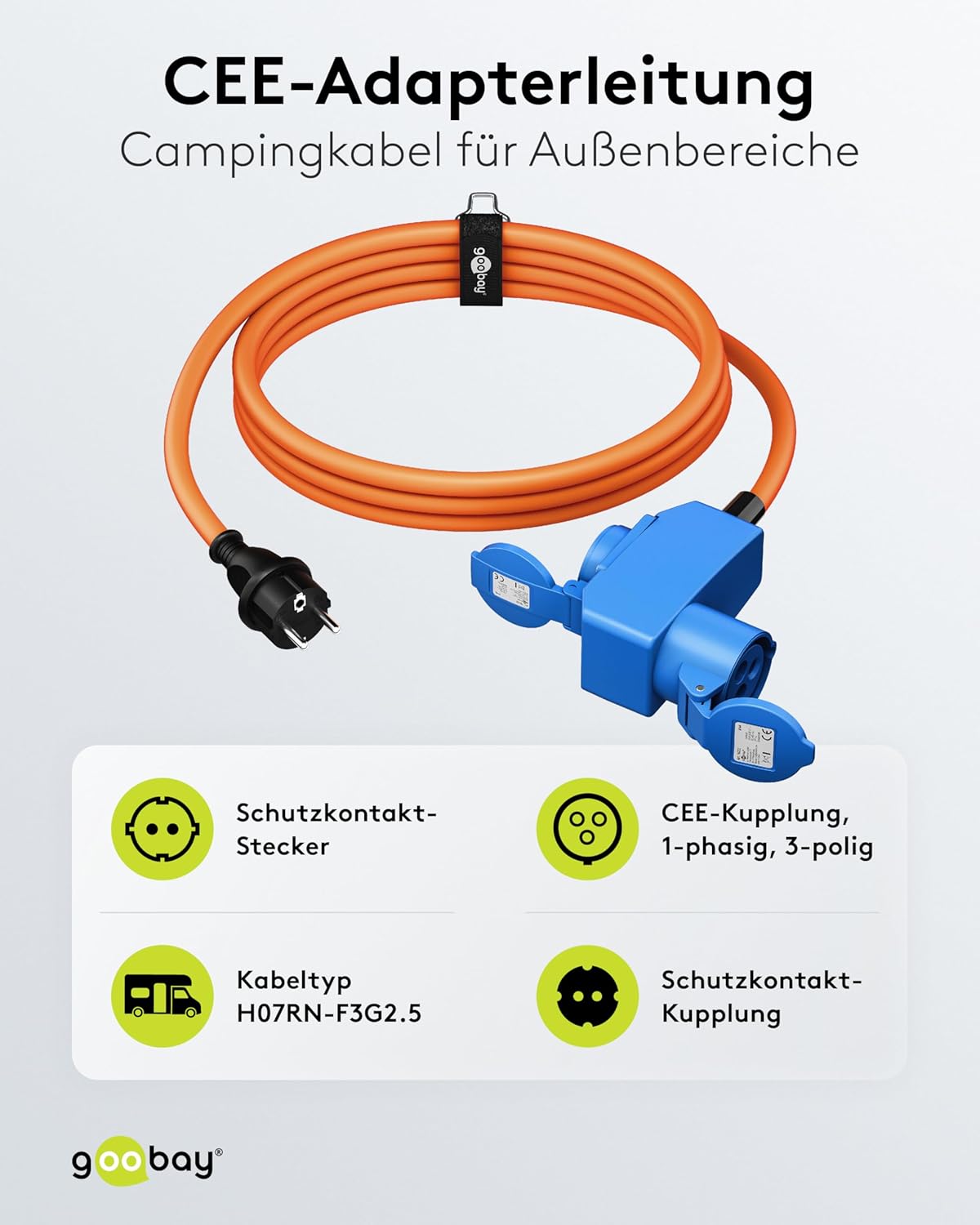 CEE-Adapterkabel für Wohnwagen, 1,5 m, Schutzkontakt 90°, CEE-Buchse und Schutzkontakt mit Verschlusskappen, Kabel für Camping, Wohnmobil und Wohnwagen