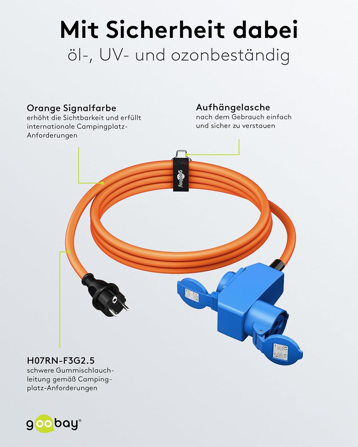 CEE-Adapterkabel für Wohnwagen, 1,5 m, Schutzkontakt 90°, CEE-Buchse und Schutzkontakt mit Verschlusskappen, Kabel für Camping, Wohnmobil und Wohnwagen