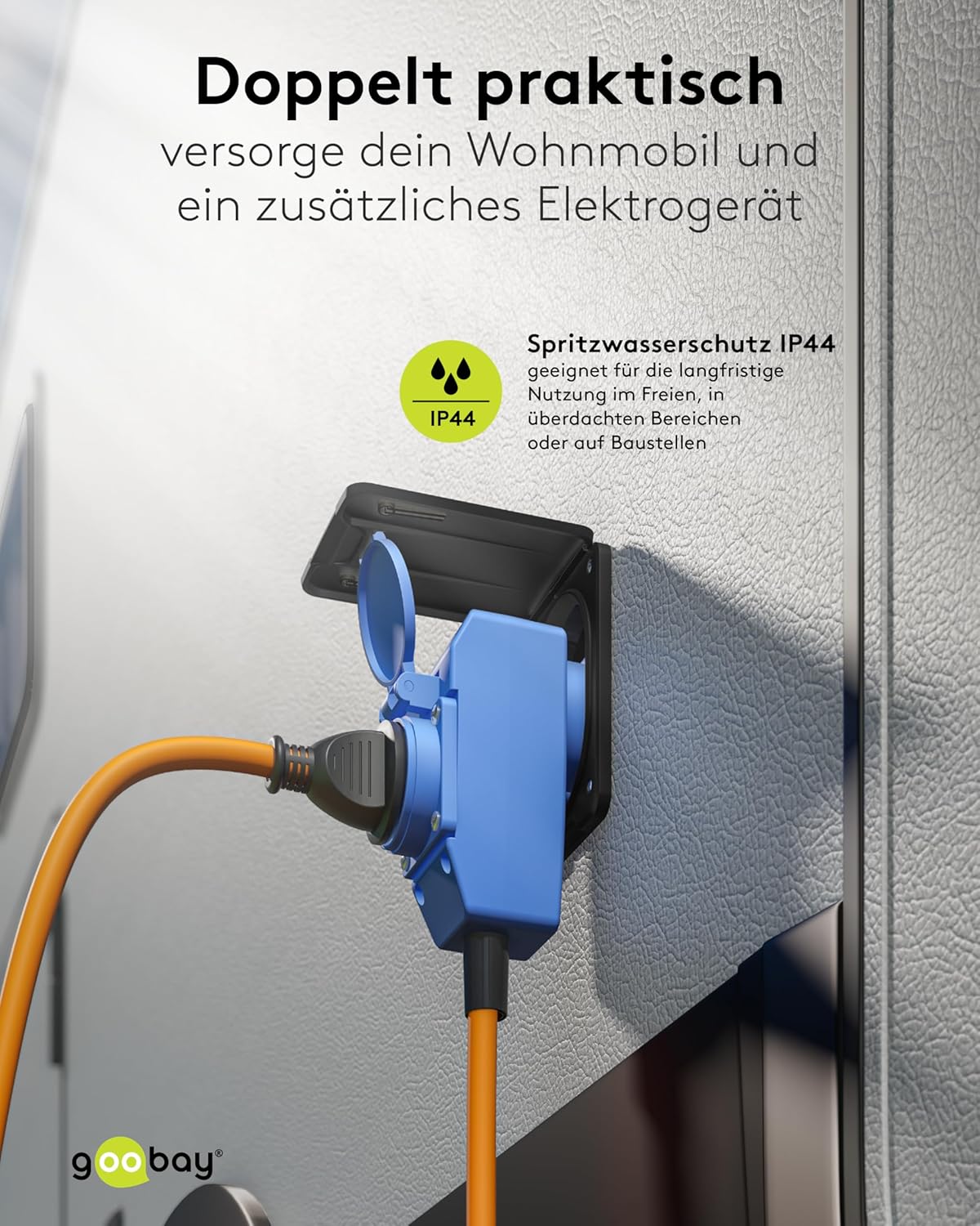 CEE-Adapterkabel für Wohnwagen, 1,5 m, Schutzkontakt 90°, CEE-Buchse und Schutzkontakt mit Verschlusskappen, Kabel für Camping, Wohnmobil und Wohnwagen