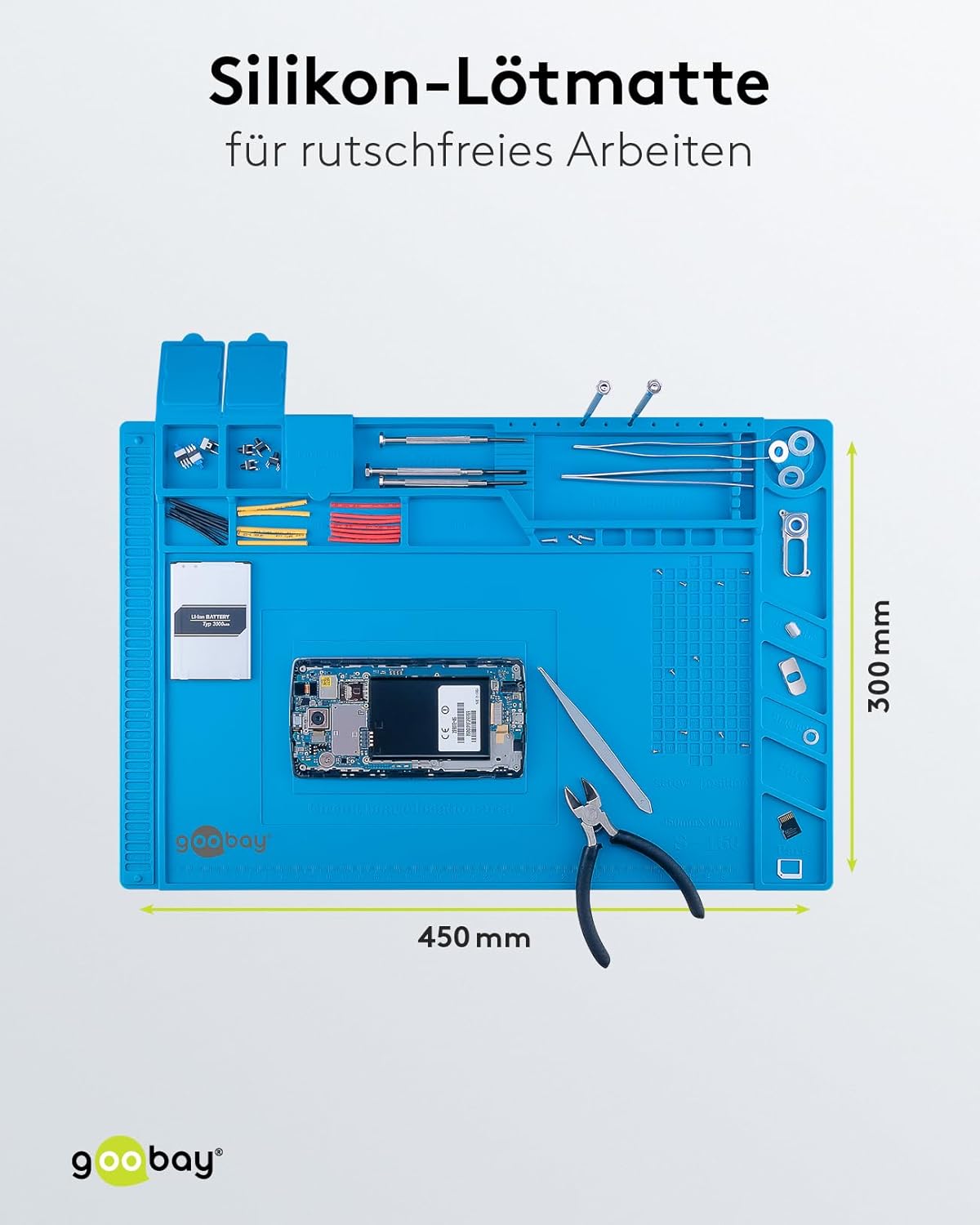 Magnetische Silikon Lötmatte/Geruchsfreie Arbeitsunterlage/Löten, Reparieren und Basteln/Rutschfeste Hitzebeständige Arbeitsmatte/Integriertes Lineal / 45cm x 30cm / Blau