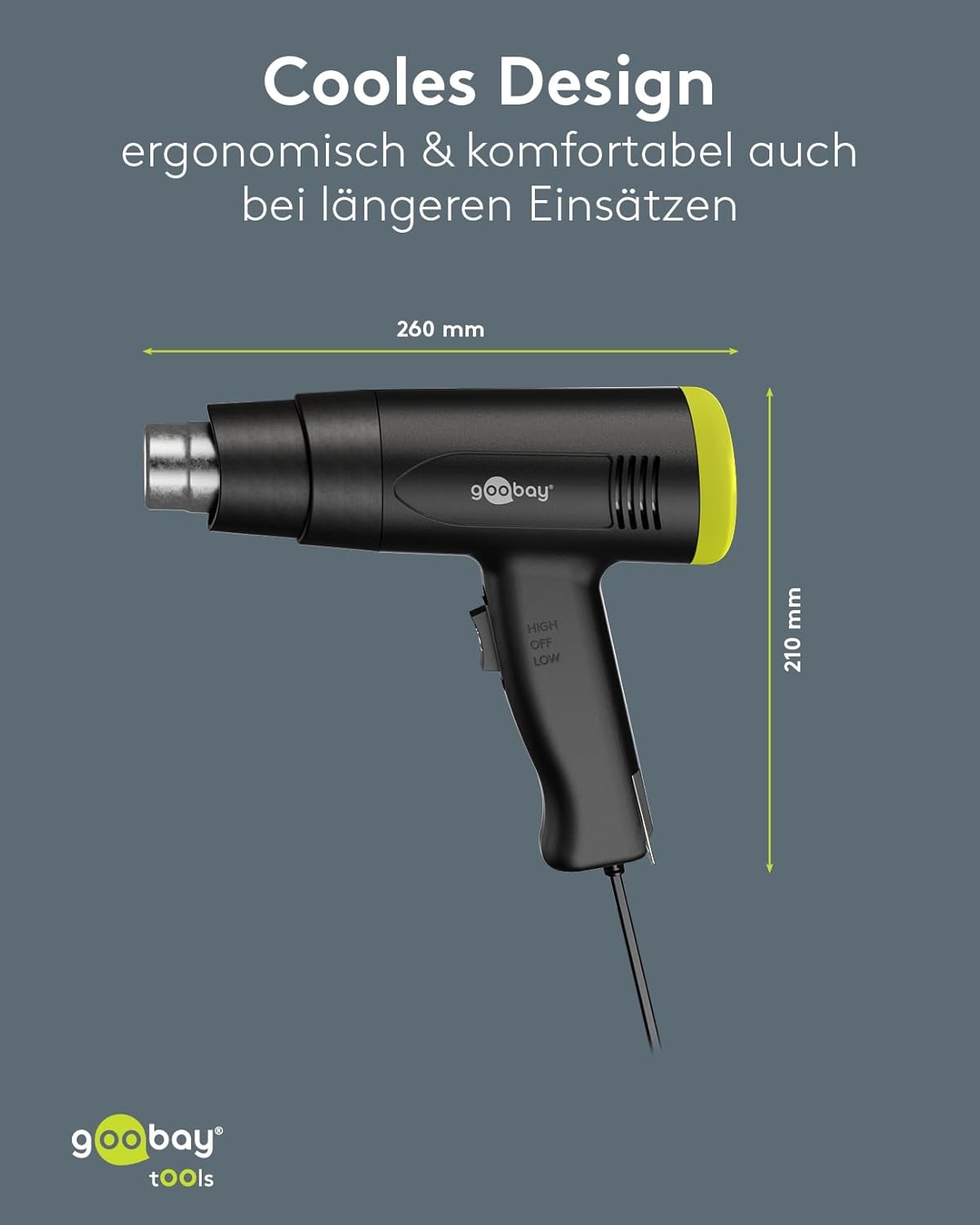 1500W Heißluftpistole - Heißluftfön, 2 einstellbare Temperaturintervalle (50°C-500°C), Luftstrom 450I/min, inkl. 4 Aufsätze für Schrumpfschläuche, Entlöten, Verformen, Abtauen