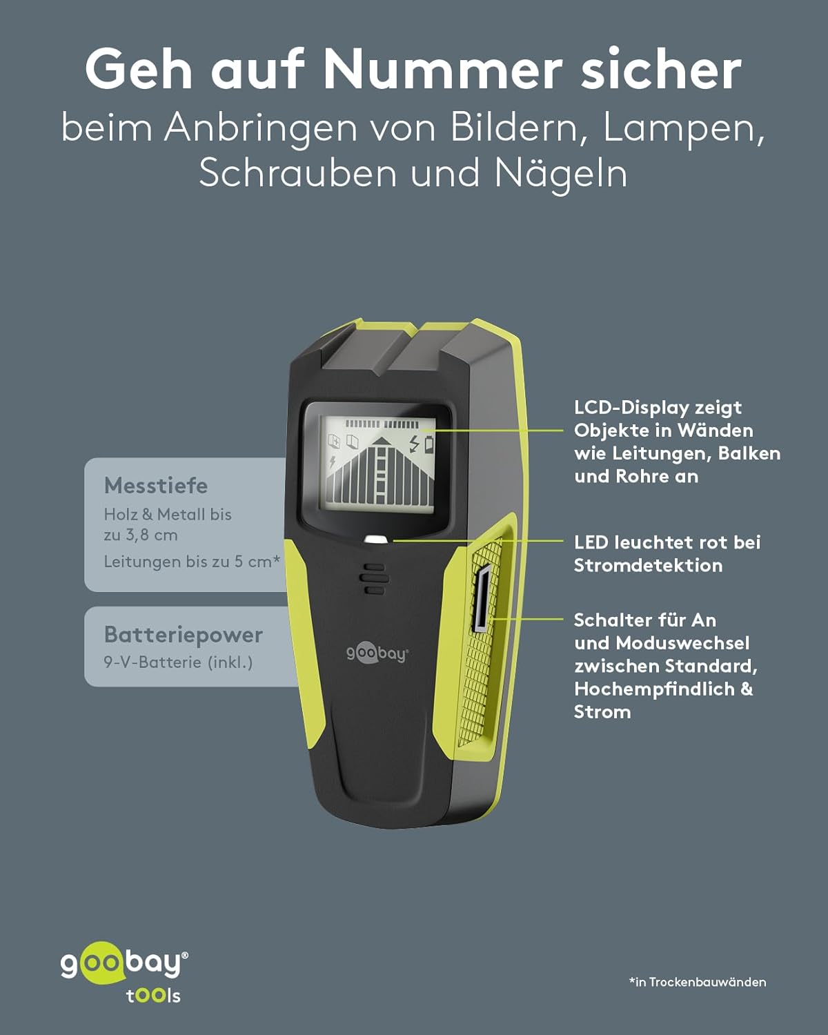 Multidetektor für Holz, Metall & Stromleitungen 3-in-1 Leitungssucher mit LCD-Display, Audio-Warnung & Auto-Kalibrierung – Wandscanner für Trockenbau, Decke & Boden