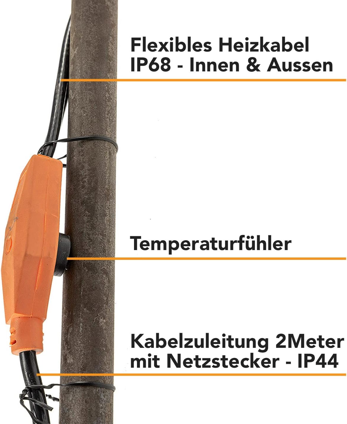 Frostschutz Heizkabel mit Temperaturfühler 2m Wärmekabel Anti Frost Kabel mit Schutzkontaktstecker für Wasserleitungen im Haus, Regenrinne, Pool, Teich