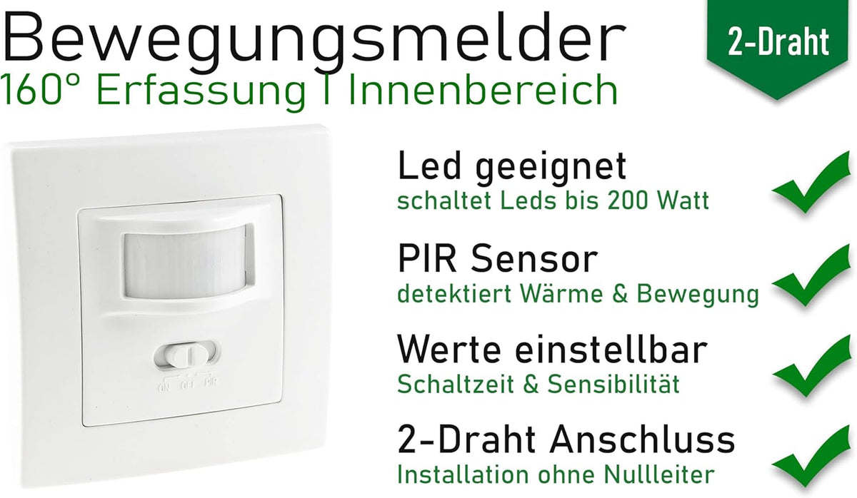 Bewegungsmelder 160° Unterputz Wand-Montage Schaltet ab 1Watt 9m Reichweite 230V 2-Draht Technik Ersetzt einen Lichtschalter Weiß [Energieklasse A]