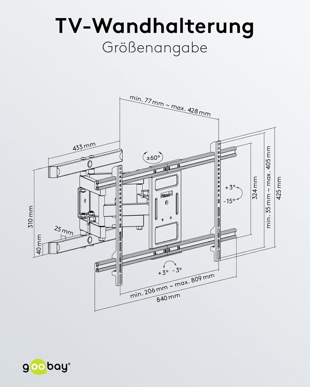 TV-Wandhalterung Pro FULLMOTION (XL) für 43-100 Zoll Fernseher – voll beweglich, schwenkbar/neigbar, max. 60 kg, VESA 800 x 400, ausziehbarer Arm, integriertes Kabelmanagement – Schwarz