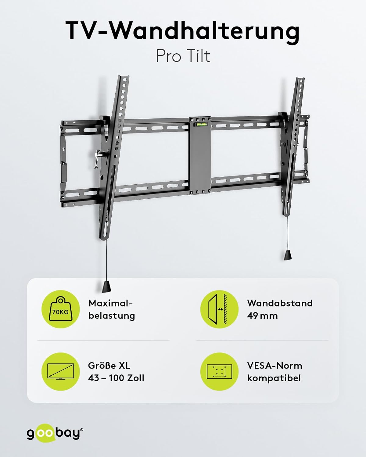 TV und Monitor Wandhalterung Pro (XL), neigbar (3 bis 12 Grad) und schwenkbar – 43 bis 100 Zoll LED-, LCD-, OLED-, Flache oder Gebogene Fernseher – 70 kg maximales Gewicht – Schwarz