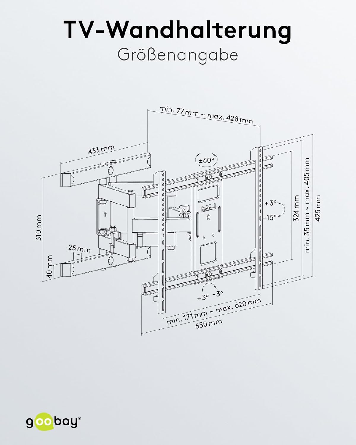 TV Wandhalterung 94 cm (37") - 178 cm (70") / Fernseherhalterung Pro FULLMOTION bis 60 kg / Wandhalter TV Neigbar & Schwenkbar / VESA Norm 600x400 / Schwarz