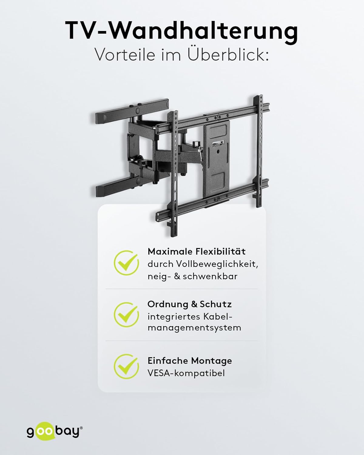 TV Wandhalterung 94 cm (37") - 178 cm (70") / Fernseherhalterung Pro FULLMOTION bis 60 kg / Wandhalter TV Neigbar & Schwenkbar / VESA Norm 600x400 / Schwarz