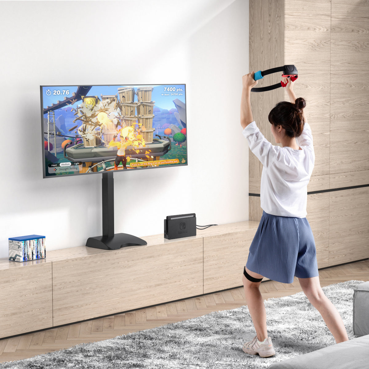 TV- Standfuß für Flachbildschirme 32“ - 65“ (81 – 165 cm), Motorisierte Höhenverstellung, Tragkraft 50 kg