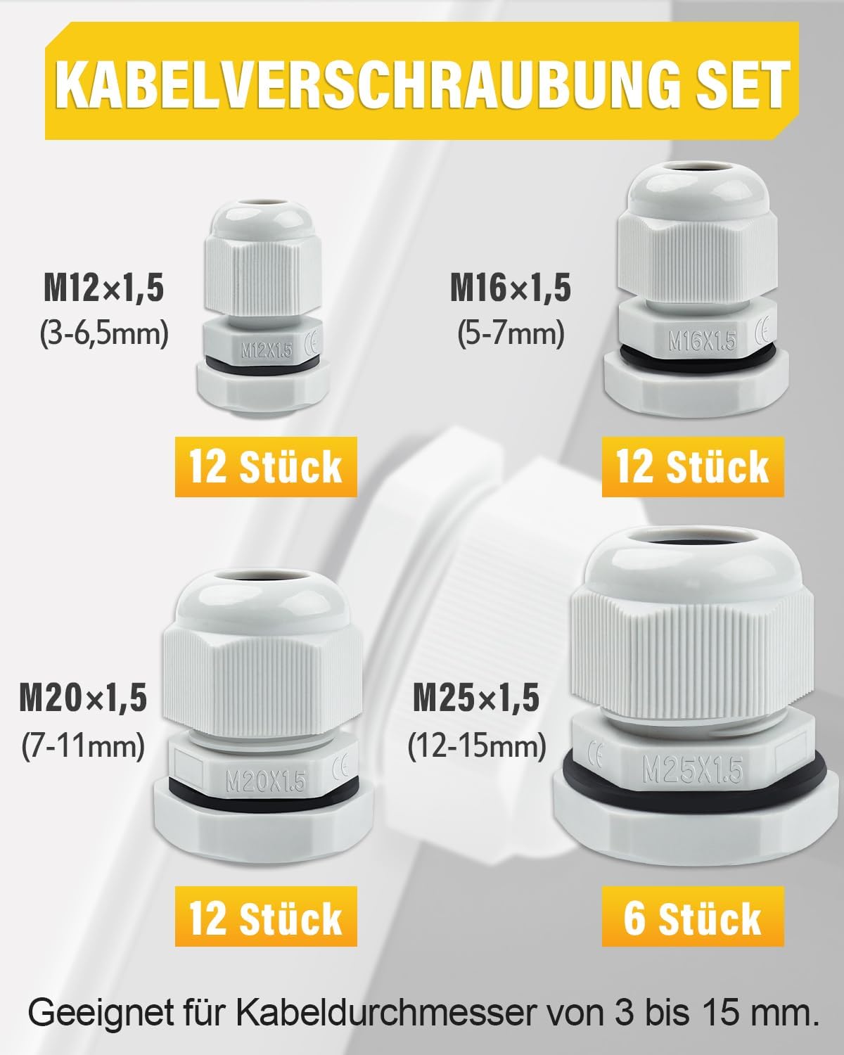 42 Stück Kabelverschraubung Set - Caianwin IP68 Kabeldurchführung Wasserdicht M12 M16 M20 M25 Verschraubung Set für Abzweigkasten,Verteilerkasten, Aufputz-Sicherungskasten,Wandverteiler