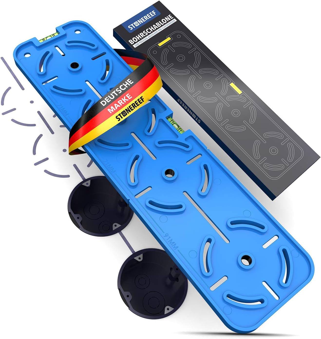 Bohrschablone Steckdose 68mm mit Wasserwaage – Bohrhilfe für Unterputzdose & Hohlwanddose – Blau/Grün – Schablone für Elektriker im Trockenbau – Steckdosen exakt ausrichten & bohren (Bohrschablone)