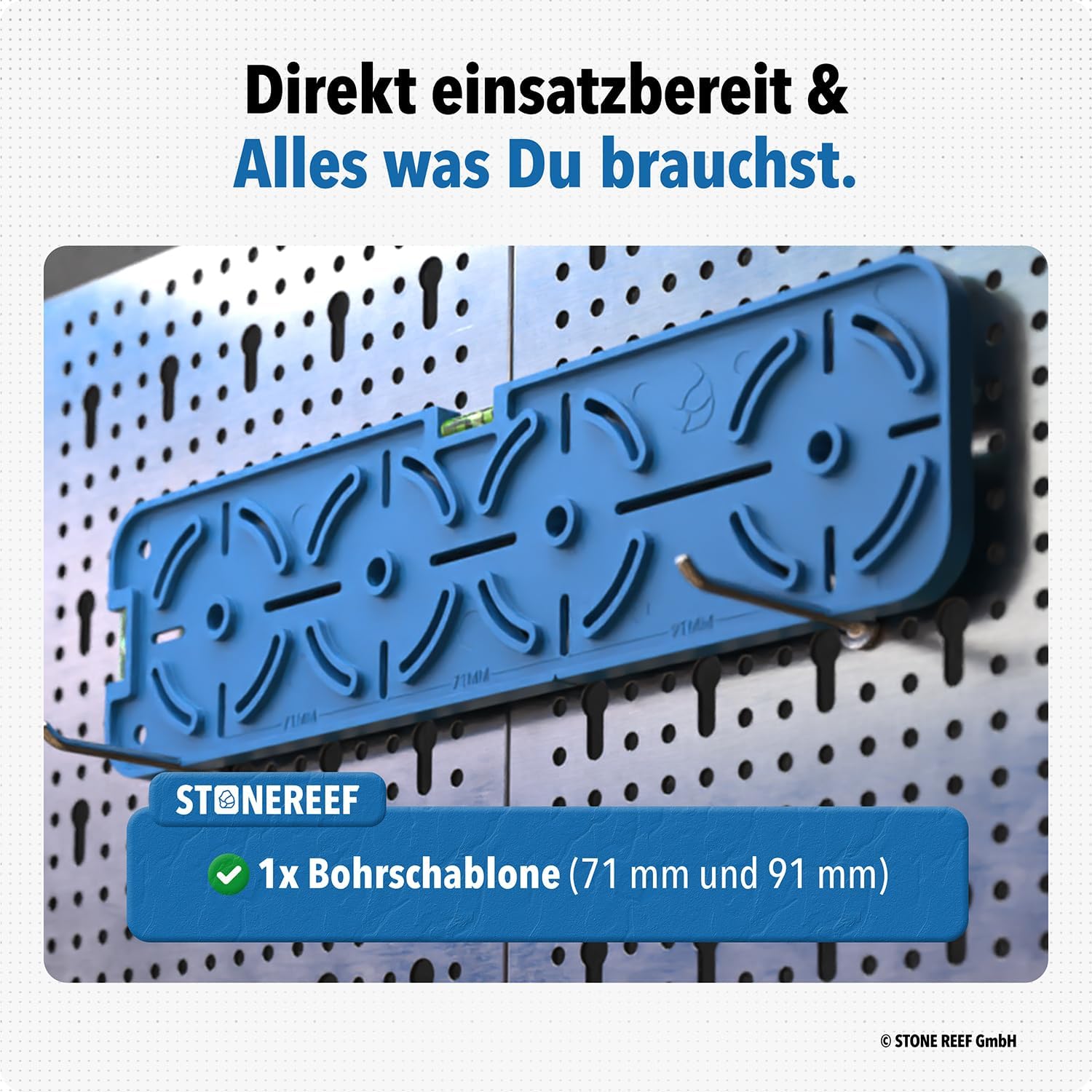 Bohrschablone Steckdose 68mm mit Wasserwaage – Bohrhilfe für Unterputzdose & Hohlwanddose – Blau/Grün – Schablone für Elektriker im Trockenbau – Steckdosen exakt ausrichten & bohren (Bohrschablone)