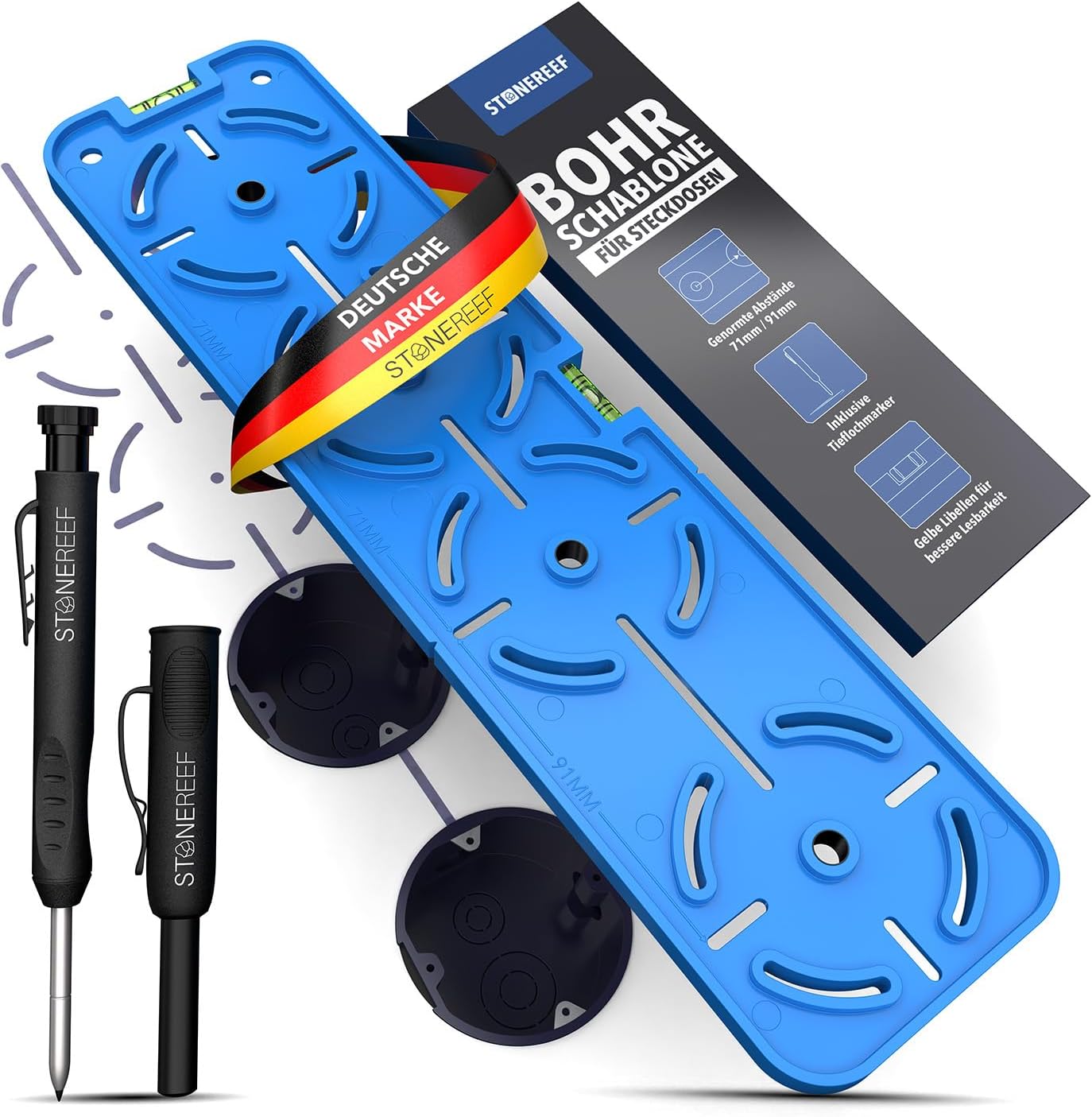 Bohrschablone für Steckdosen [inkl. Tieflochmarker] Perfekt für Trockenbau, Hohlraumdosen und Unterputzdose, Elektriker Wasserwaage, Schablone für Bohrkrone, Steckdosenbohrer 71mm und 91mm