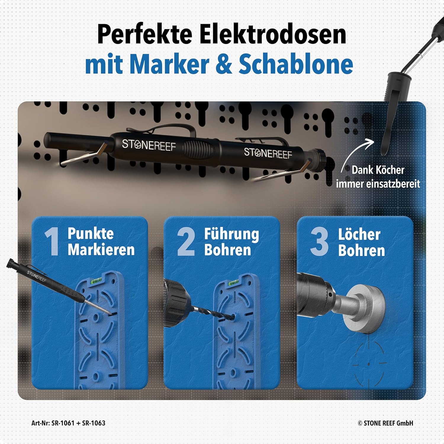 Bohrschablone für Steckdosen [inkl. Tieflochmarker] Perfekt für Trockenbau, Hohlraumdosen und Unterputzdose, Elektriker Wasserwaage, Schablone für Bohrkrone, Steckdosenbohrer 71mm und 91mm