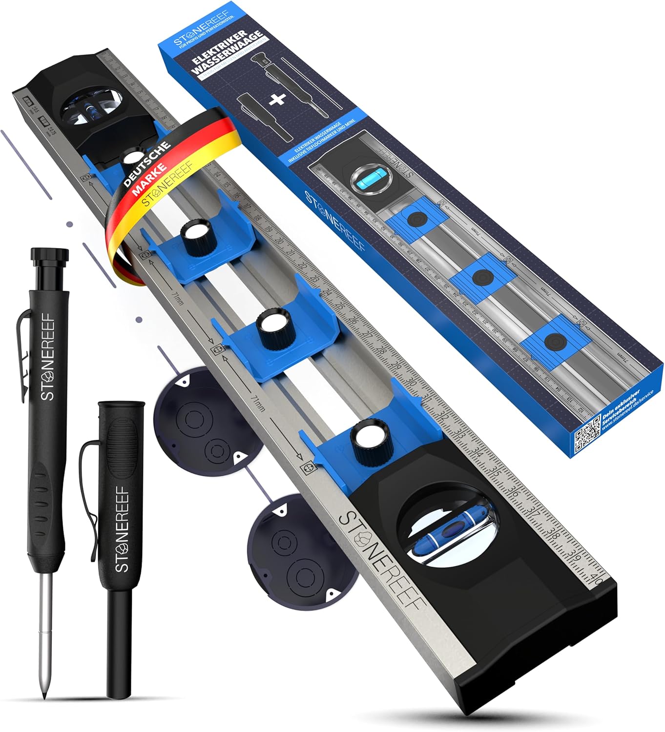 Elektriker Wasserwaage 40 cm – Präzisions-Wasserwaage für Heimwerker mit verschiebbaren Bohrlöchern und Maßskalen – Ideal für Steckdoseninstallation und Renovierungsarbeiten