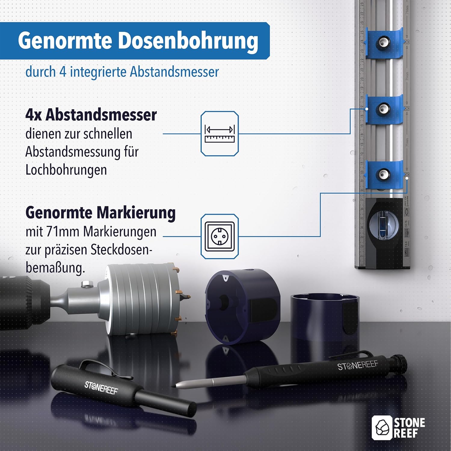 Elektriker Wasserwaage 40 cm – Präzisions-Wasserwaage für Heimwerker mit verschiebbaren Bohrlöchern und Maßskalen – Ideal für Steckdoseninstallation und Renovierungsarbeiten