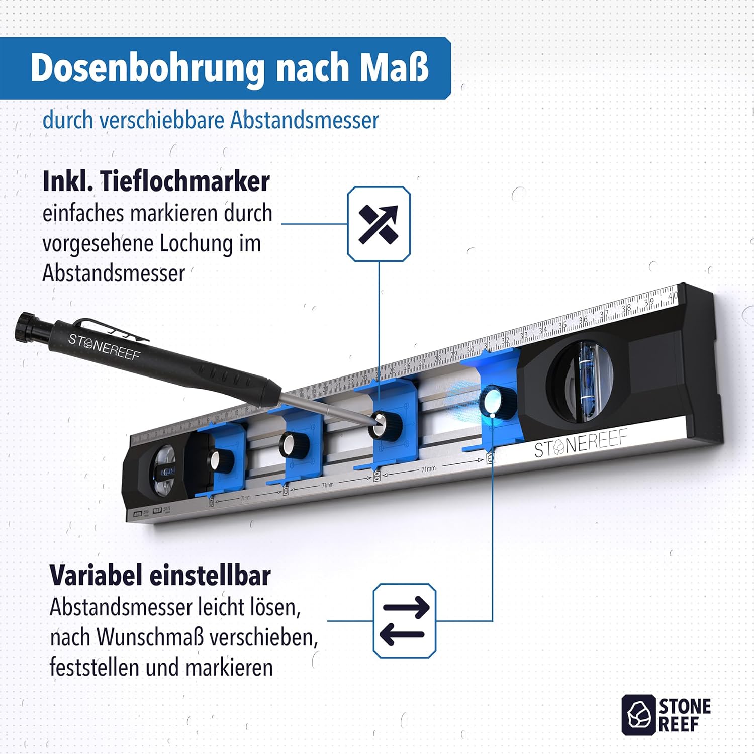 Elektriker Wasserwaage 40 cm – Präzisions-Wasserwaage für Heimwerker mit verschiebbaren Bohrlöchern und Maßskalen – Ideal für Steckdoseninstallation und Renovierungsarbeiten