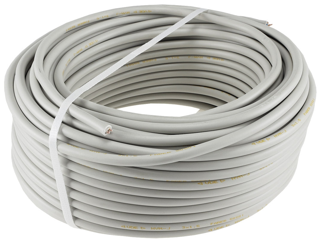 Stromleitung "NYM-J", 50m, isoliert 3G1,5, grau, Außen-Ø 8,2mm, Ring