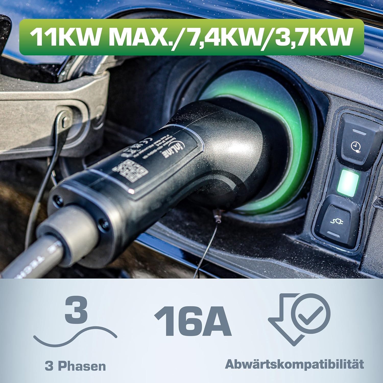 EV Spiral-Autoladekabel für Elektroauto, 7,5m, TYP2 EN 62196, inkl. Aufbewahrungstasche, 11KW MAX./7,4KW/3,7KW, 16A, 3-Phasig, kompatibel mit Modellen wie i3, iX, ID.3, ID.4 und Anderen